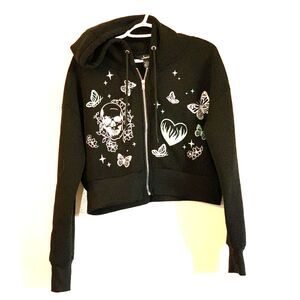 Justify Cropped Hoodie Zip Up Skull Hearts Butterflies Sz Large Gorgeous